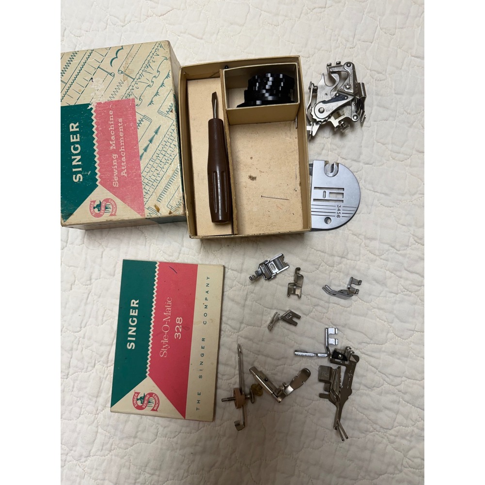 Vintage Singer Style-O-Matic 328 Sewing Machine Attachments Box Feet Manual Set